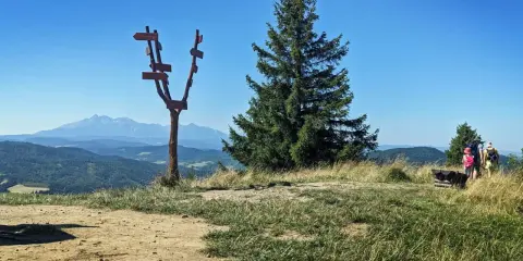 Wysoki wierch z drogowskazem i widokiem na góry. Rodzina z plecakami podziwia panoramę.