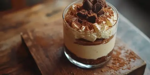 Pyszny krem do tiramisu w szklance, udekorowany bitą śmietaną, kakao i czekoladowymi kawałkami. Idealny deser na każdą okazję.