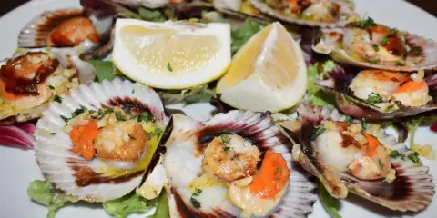 Zamburiñas congeladas a la plancha, doradas y jugosas, servidas en sus conchas con limón y hierbas.