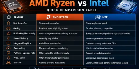 Tableau comparatif AMD Ryzen vs Intel. Le Ryzen excelle en multi-cœurs, l'Intel en mono-cœur. Un équivalent AMD Ryzen pour Intel est souvent recherché pour le gaming et la productivité.