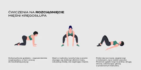Ilustracje pokazują ćwiczenia na rozciąganie kręgosłupa: koci grzbiet, skłon w rozkroku i skręt tułowia leżąc.