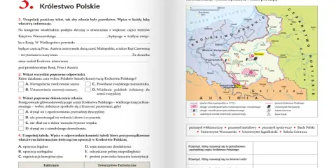 Podręcznik do historii klasa 7: mapa Królestwa Polskiego z zaznaczonymi ośrodkami przemysłu i uczelniami.