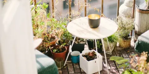 En mysig balkong med många krukor och växter. Perfekt för att odla på balkong och njuta av grönska.