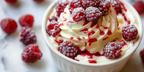 Un déliceux mousse mascarpone garni de framboises fraîches et d'un coulis rouge.