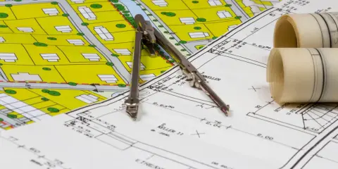 Plan zagospodarowania przestrzennego z zaznaczoną obowiązującą linią zabudowy, cyrkiel i zwoje dokumentacji.