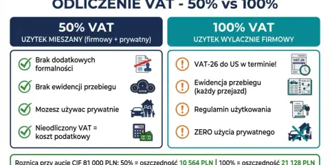 Zakup samochodu powyżej 150 tys a VAT: 50% VAT (mieszany użytek) vs 100% VAT (firmowy). Porównanie zasad i oszczędności.