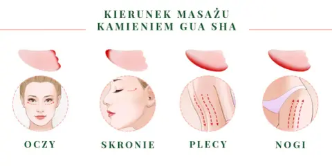 Ilustracja pokazuje kierunki masażu kamieniem gua sha na oczy, skronie, plecy i nogi.