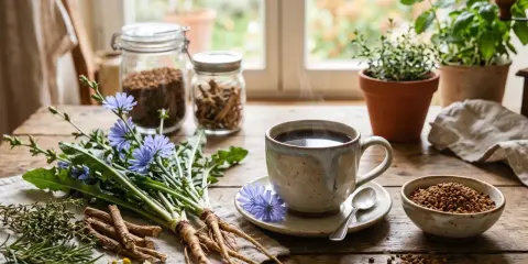 Tasse de café fumante près de racines de chicorée et de fleurs bleues. Les chicorée bienfaits sont nombreux, cette plante est utilisée pour ses vertus.