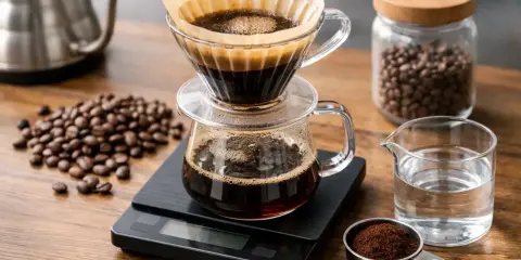 Ein detailliertes Kaffee-Rezept: Kaffeebohnen, gemahlener Kaffee, Wasser und ein Filter-Kaffeebereiter auf einer Waage.