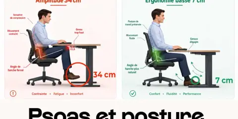 Comparaison de deux postures assises : une avec amplitude 34 cm (contrainte, fatigue) et une ergonomique à 7 cm (confort, fluidité). La signification des postures assises est claire.