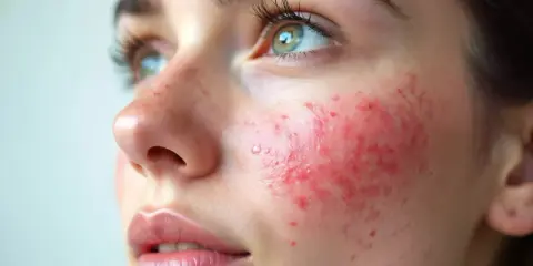 Gros plan sur le visage d'une jeune femme, montrant une peau irritée avec des rougeurs et des petites pustules sur la joue.