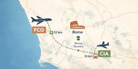 Mapa pokazuje lotniska FCO i CIA oraz odległości do Rzymu. Zastanawiasz się, ile się leci do Rzymu?