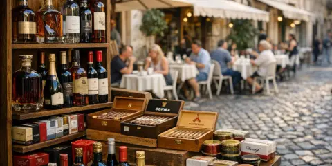 Butelki alkoholu i cygara na straganie na tle kawiarni z ludźmi przy stolikach.