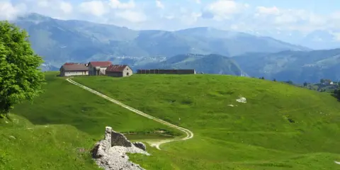 Un sentiero delle malghe serpeggia tra verdi colline, conduce a rustici edifici e si perde tra le montagne nebbiose.