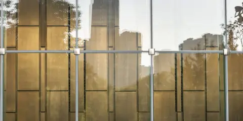 Reflejos dorados de árboles y edificios en un **cristal blindado** moderno, con estructura metálica visible.