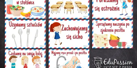 Zasady zachowania w stołówce, dbanie o porządek, poruszanie się ostrożnie, używanie sztućców, zachowanie ciszy, sprzątanie naczyń, czekanie na swoją kolej i mycie rąk to ważne zasady, które uczą starszeństwo kart.
