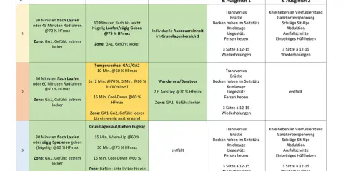 Trainingsplan mit Ausdauer- und Kraftübungen für drei Wochen. Fokus auf Kraftausdauer-Training mit Laufen, Radfahren und Stabilisierungsübungen.
