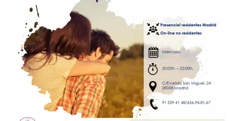 Pareja abrazada, anuncio de curso prematrimonial en Madrid. Miércoles de 20h a 22h.