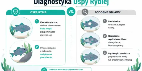 Ospa rybia objawia się drobnymi białymi kropkami, ryby ocierają się o dekoracje. Podobne objawy to pleśniawka, nadmierny śluz lub pęcherzyki powietrza.