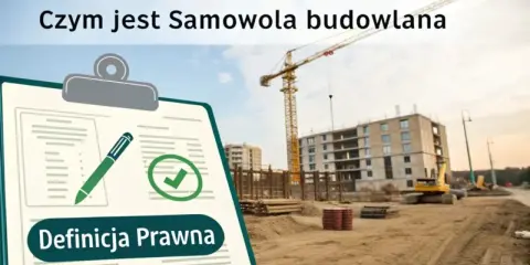 Tablica z tekstem "Definicja Prawna" i symbolem zaznaczenia, na tle budowy z dźwigiem. Dowiedz się, czym jest samowola budowlana i jaka grozi za nią kara.