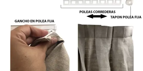 Detalle de cómo colgar cortinas: gancho en polea fija y poleas correderas en riel blanco.
