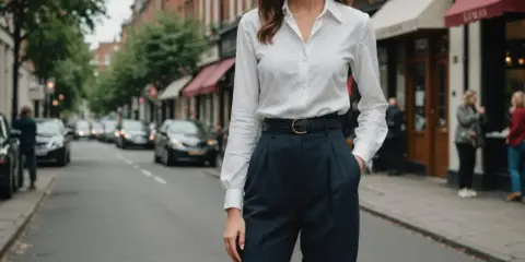 Elegancka stylizacja: biała koszula i granatowe szerokie spodnie. Idealne połączenie, które sprawdzi się w każdej sytuacji. Jaka marynarka do szerokich spodni? Ta stylizacja pokazuje, że czasem mniej znaczy więcej.