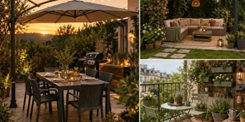 Splendidi giardini moderni con aree relax, tavoli da pranzo all'aperto e balconi fioriti, perfetti per godersi la vita all'aria aperta.