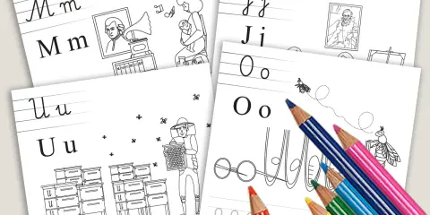 Karta pracy z literą "n" i ilustracjami: pszczoły, ule, muzyka. Kolorowe kredki gotowe do nauki.