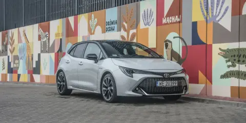 Srebrna Toyota Corolla GR na tle kolorowego muralu z motywami zwierzęcymi.