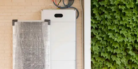 Ein weißer Redox-Flow-Heimspeicher steht neben einer verpackten Solaranlage an einer Ziegelwand, bedeckt mit Efeu.