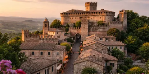 Borgo medievale con castello imponente, forse un tempo dimora dei Malatesta di Rimini, al tramonto.