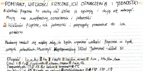 Notatki z fizyki: pomiary, wielkości fizyczne, jednostki. Szybkość mierzona w metrach na sekundę.