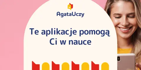 Uśmiechnięta dziewczyna z telefonem. Napis: "Te aplikacje pomogą Ci w nauce". Odkryj najlepsze aplikacje do nauki!