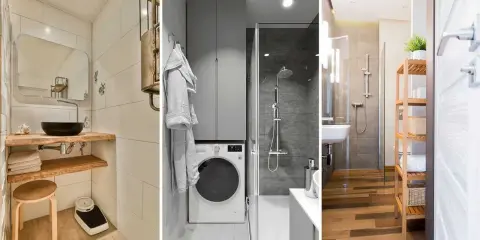 Tre små badrum: ett med trädetaljer och svart handfat, ett med tvättmaskin och dusch, samt ett med trägolv och hyllor.