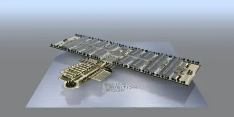 Modello della fiera a Rimini, con padiglioni moderni e ampi parcheggi, pronto ad accogliere eventi internazionali.