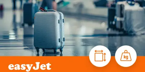 Szara walizka na lotnisku, obok ikon wymiarów i wagi. Logo easyJet.