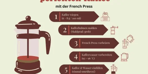 Schritt-für-Schritt-Anleitung für perfekten Kaffee mit der French Press: Kaffee wiegen, mahlen, French Press vorheizen, Wasser vorbereiten, einfüllen, ziehen lassen & drücken.
