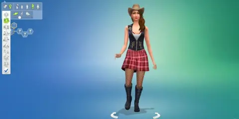 Symulator życia z **mod na więcej cech the sims 4**. Dziewczyna w kowbojskim kapeluszu i kratce.