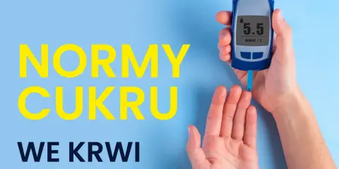 Ręka trzyma glukometr pokazujący 5.5 mmol/L. Napis: "Normy cukru we krwi".