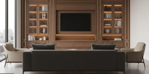 Un salotto classico elegante con divano scuro, poltrone chiare e un'imponente libreria in legno con TV centrale.