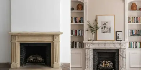Avant/après : une cheminée ancienne transformée avec une décoration élégante, des étagères remplies de livres et une œuvre d'art.