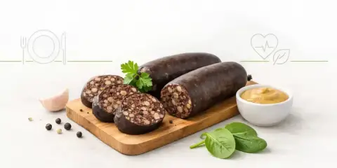 Kaszanka pokrojona na plastry, całe kawałki, musztarda, czosnek i przyprawy na desce.