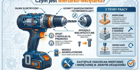 Ilustracja przedstawia budowę wiertarko-wkrętarki, jej rodzaje i tryby pracy: wiercenie, wiercenie z udarem i wkręcanie.