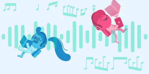 Zwei Figuren mit Kopfhörern lernen und lesen, umgeben von Noten und Schallwellen. Musik beim Lernen macht Spaß!