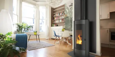 Un poêle à bois moderne avec un parement texturé derrière, dans un salon lumineux avec des plantes et une bibliothèque.