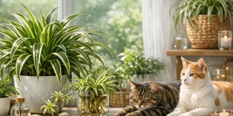 Deux chats se prélassent près de plantes d'intérieur, dont un chlorophytum, connu pour être non toxique pour les chats.