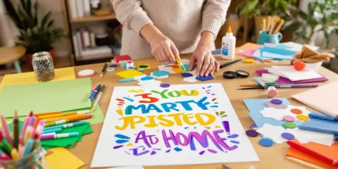 Kolorowy plakat z napisem "You Marty Pisted At Home!" tworzony jest na stole pełnym materiałów plastycznych. Widać kredki, pisaki, nożyczki i klej.