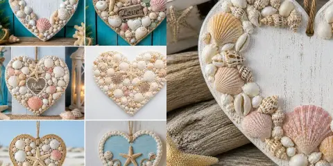 Plusieurs cœurs décoratifs faits main, ornés de coquillages et d'étoiles de mer, parfaits pour une décoration thème mer à faire soi-même.