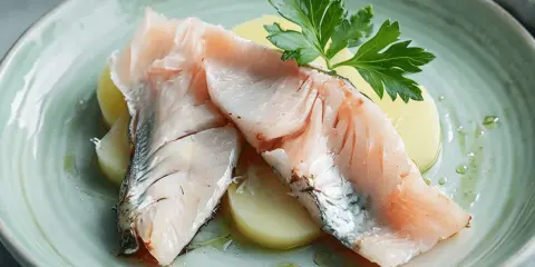 Lubina a la sal Thermomix: jugosos filetes de pescado sobre patatas, decorados con perejil fresco y un toque de aceite.