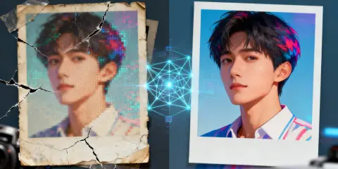 Una imagen ai transforma una foto antigua y pixelada de un joven en una versión nítida y vibrante, mostrando el poder de la tecnología.